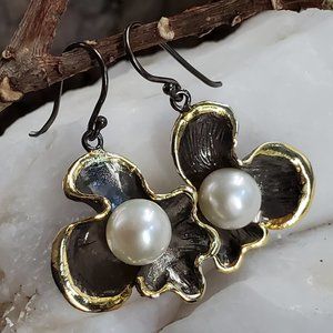 Solid Sterling Silver 925/18K Gold/Black Rhodium Large Freshwater Pearl